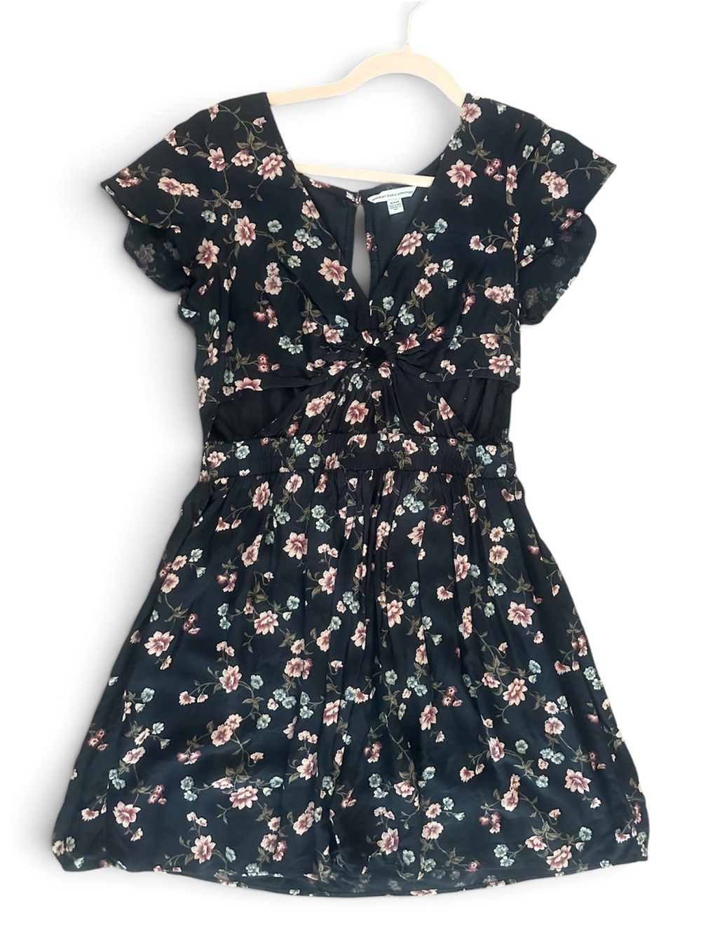 American Eagle Black Floral Cutout Tie Front Mini Dress Size M